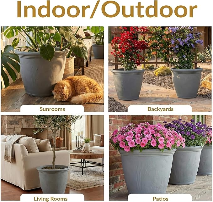 Sunnydaze 24-Inch Anjelica Large Plastic Pot for Plants - Outdoor Double-Walled Large Plastic Planter with Drillable Drainage Holes - Light Gray - 2pk