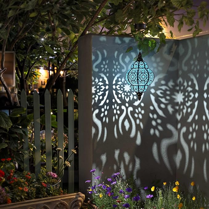 Hanging Solar Lights Outdoor Garden Decor Solar Lantern Waterproof Plastic Moroccan Outdoor Decorations for Patio Pathway Yard Backyard Garden Decorative (1, Black)