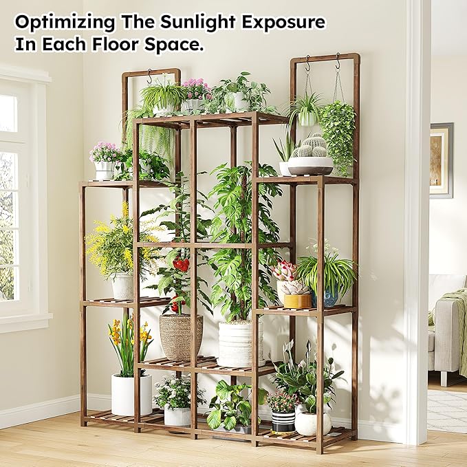 EnHomee Plant Stand Indoor Wood Plant Stand Outdoor Plant Shelf with 14-18 Potted Double Rod Large Plants Holder 440LBS Plants Shelves for Living Room Patio Balcony Yard Garden 44.8''W×11.6''D×47''H