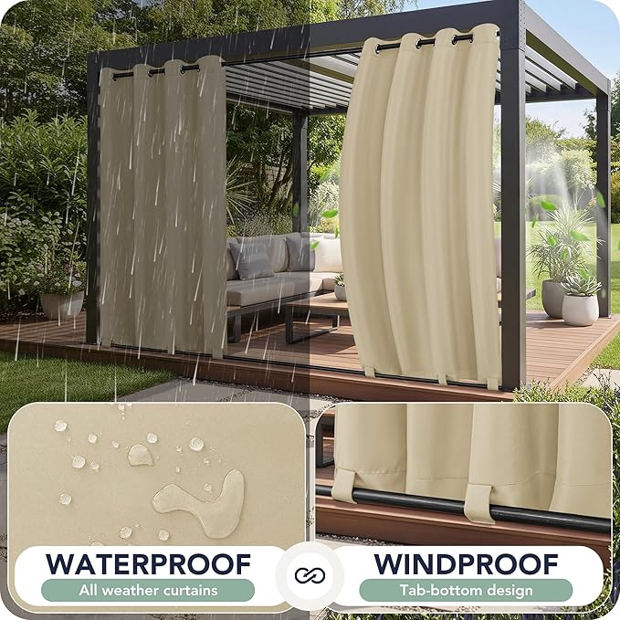 Gazebo Curtains Outdoor Waterproof 6 Panels - Windproof, Privacy, Weatherproof Outside Drapes for Patio Pergola Porch, Grommet Top and Tab Bottom Drape, 110x84 Inch, Cream
