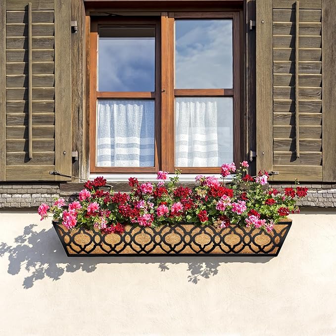6pcs 30 Inch Window Deck with Coco Liner, 30" Window Boxes Horse Trough with Coconut Coir Liner, Metal Hanging Flower Planter Window Basket Deck Railing Planter Boxes for Outdoor Indoor Lawn