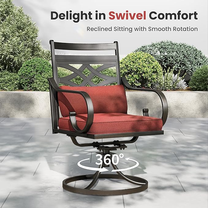 PHI VILLA 7 Pieces Outdoor Dining Set for 6, 54" Round Black Metal Table with Umbrella Hole & Wrought Iron Swivel Chairs, Large Outside Furniture with Red Cushions & Pillows for Patio, Deck, Porch
