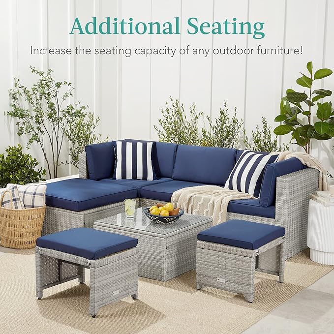 Best Choice Products Set of 2 Wicker Ottomans, Multipurpose Outdoor Furniture for Patio, Backyard, Additional Seating, Footrest, Side Table w/Removable Cushions, Steel Frame - Midnight Green/Brown