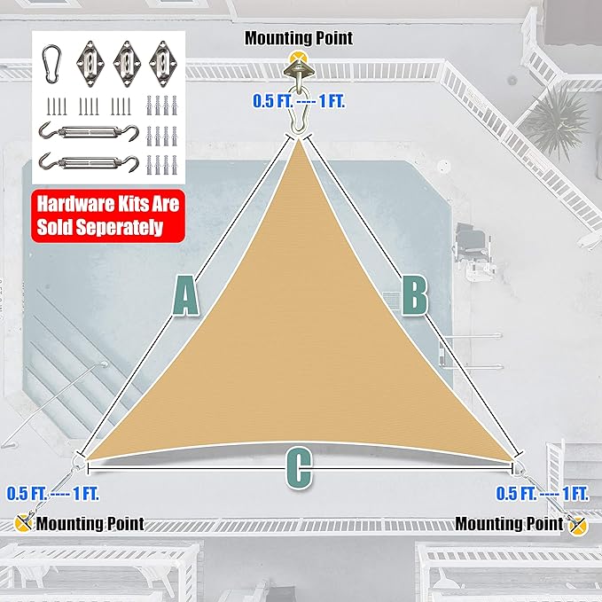 Amgo 18' x 18' x 18' Sand Beige Triangle Sun Shade Sail UPF50+ Canopy Awning AGSLT, 95% UV Blockage, Water & Air Permeable, 200GSM Heavy Duty Commercial and Residential (We Make Custom Sizes)