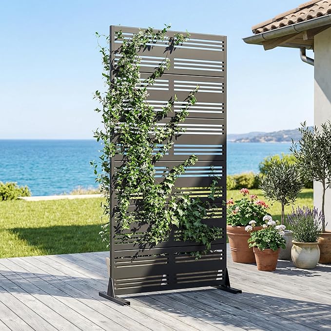 Casaphoria Metal Privacy Screen Outdoor, 72" H x 35" W Freestanding Decorative Privacy Screen for Patio Deck Balcony Garden with Stable Base, Black-Benjamin