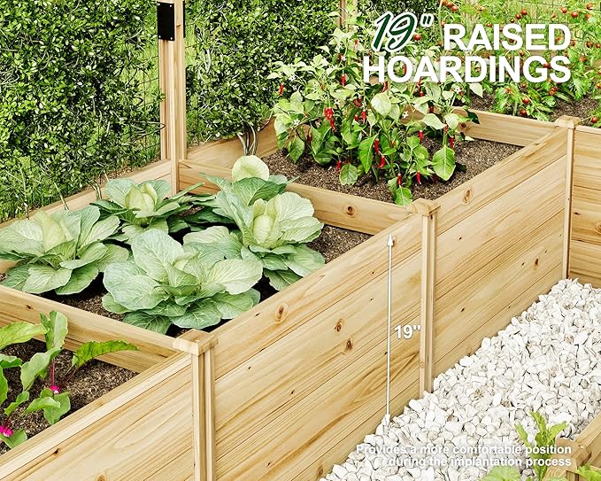 AMERLIFE U-Shaped Raised Garden Bed with Deer Proof Fence, 7.5Wx15Dx6H Outdoor Wooden Raised Garden Bed Planter with 19" Depth Planter Box