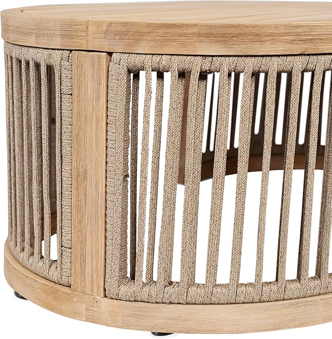 Christopher Knight Home Buekaz Outdoor Acacia Wood Coffee Table with Woven Rope Accents, Outdoor Patio Slatted Oval Centerpiece, Boho Chic Garden Sofa Side Accent Table for Modern Decor, Light Teak