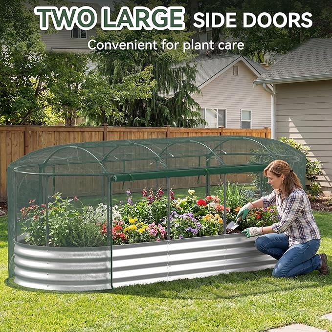 Raised Garden Bed with Self-Watering System, 8x3x1 ft Elevated Planter Boxes Outdoor with Mesh Cover, Oval Galvanized Raised Beds for Gardening,Vegetables,Flowers, Backyard, Patio