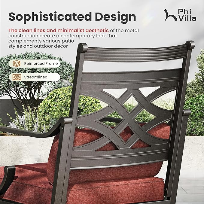 PHI VILLA 5 Pieces Outdoor Dining Set for 4, 42" Square Brown Metal Table with Umbrella Hole & Wrought Iron Chairs, All Weather Outside Furniture with Red Cushions & Pillows for Patio, Deck, Porch