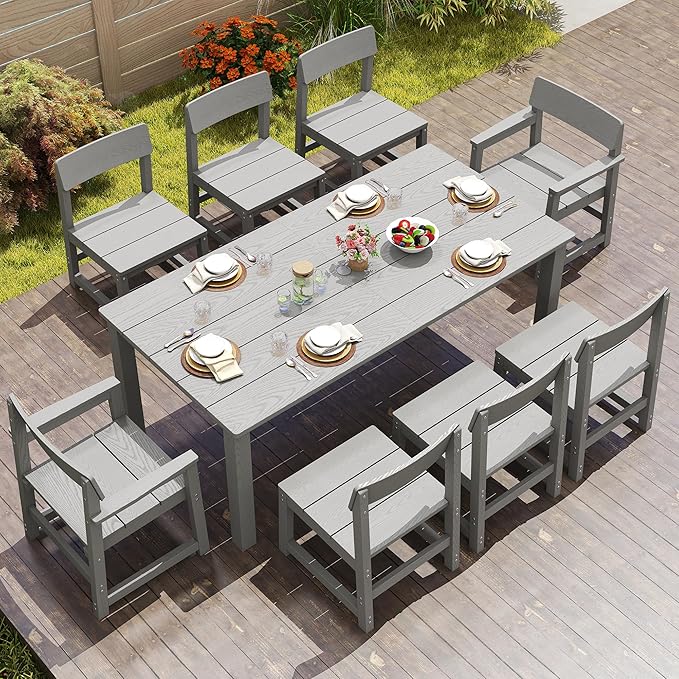 9 Piece Patio Dining Sets for 8 HIPS Outdoor Dining Table Set with Umbrella Hole Table and 8 Chairs Furniture for Backyard Poolside Garden, Grey