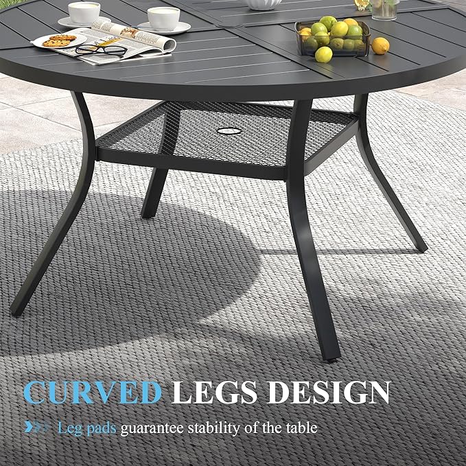 VICLLAX Patio Dining Set for 6, 7 Pieces Outdoor Furniture Set- 47" Round Patio Table and Stackable Chairs, Black Tabletop and Grey Fabric