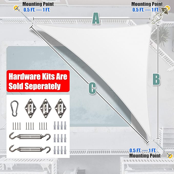 Amgo Custom Size 23' x 23' x 32.5' White Right Triangle Sun Shade Sail UPF50+ AGTAPRT12, Order to Make Canopy Awning, 95% UV Blockage, Water & Air Permeable, Commercial Standard (We Customize)