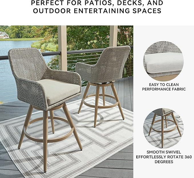 Signature Design by Ashley Seton Creek Casual Weather Resistant 360-Degree Swivel 31.75" Outdoor Bar Height StainlessBar Stool with Cushion, Set of 2, Beige & Light Gray