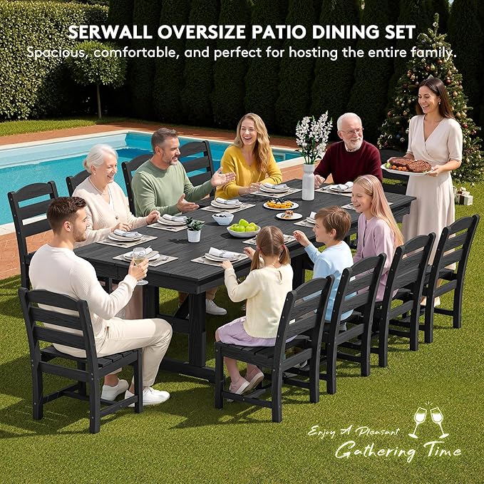 SERWALL 11 Piece Outdoor Dining Set, 84" HDPE Outdoor Table and Chairs for 10，All Weather Patio Furniture Set with Umbrella Hole for Backyard, Garden, Black