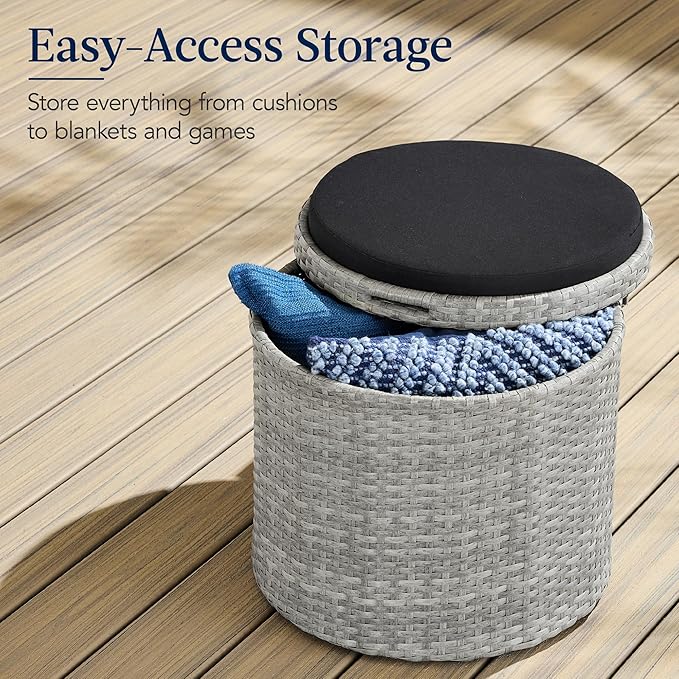 Best Choice Products Round Wicker Ottoman, Multipurpose Outdoor Furniture for Patio, Backyard, Additional Seating, Footrest, Side Table w/Storage, Removable Cushions – Gray/Black