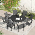 VICLLAX Patio Dining Set for 8, Outdoor Furniture Set Includes 53" Round Patio Table and 8 Patio Sling Chairs, Black Tabletop and Grey Fabric