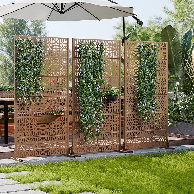 Casaphoria Metal Privacy Screen Outdoor, 72" H x 35" W Freestanding Decorative Privacy Screen for Patio Deck Balcony Garden with Stable Base, Brown-Perilla