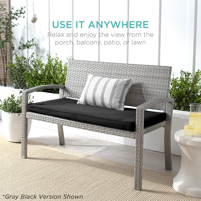 Best Choice Products Outdoor Bench 2-Person Wicker Garden Patio Benches Seating Furniture for Backyard, Porch w/Seat Cushion, 700lb Capacity - Cement Gray/Taupe