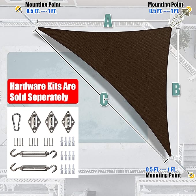 Amgo 12' x 12' x 17' Brown Right Triangle Sun Shade Sail Outdoor Canopy Awning UPF50+ AGTAPRT12, 95% UV Blockage, Water & Air Permeable, Commercial Standard Heavy Duty (We Make Custom Size)
