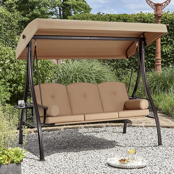 HOMREST 3 Person Outdoor Porch Swing with 1.5" Upgraded Cup Holder, Adjustable Canopy, Backrest, Patio Swing Bed with Weather Resistant Steel Frame, Cushions for Garden,Deck and Poolside(Brown)