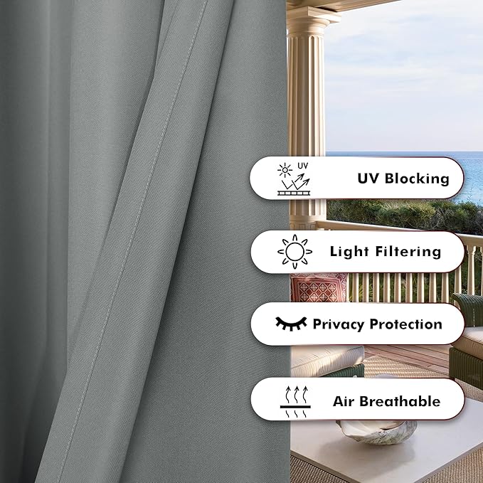BONZER Wide Waterproof Outdoor Curtains for Patio Heavy Privacy Light Filtering Grommet Outside Curtains for Porch, Pergola, Gazebo, 1 Panel, 110W x 120L inch, Grey