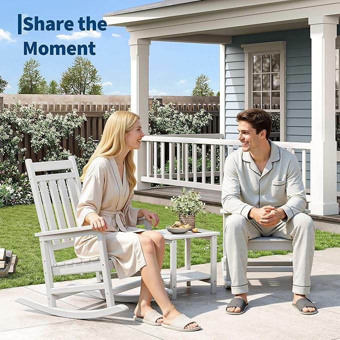 HDPE Rocking Chair Outdoor Set of 2 - Poly High Back Porch Rocker Chairs for Adults - All Weather Resistant Furniture for Patio Front Porch - White
