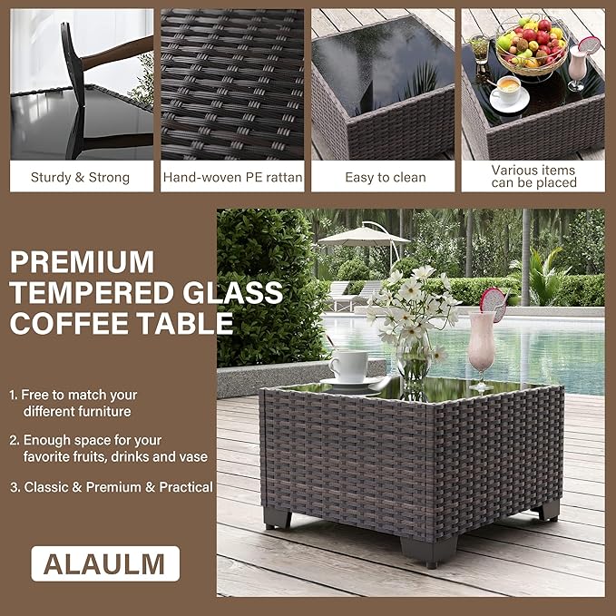 ALAULM Patio Furniture Set with Coffee Table, 9 Pieces Outdoor Sectional with Wide Seat and Thick Cushion, All Weather Wicker Rattan Conversation Set for Backyard, Garden, Deck, NavyBlue