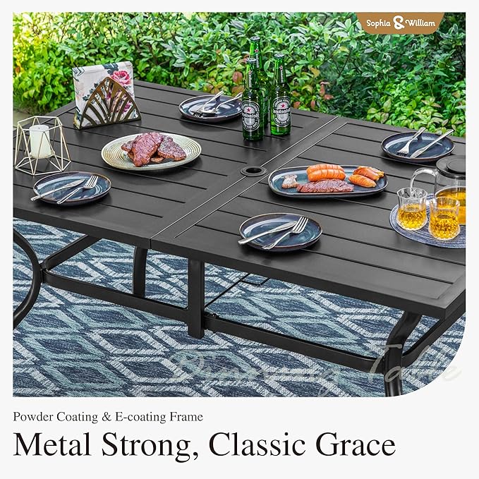 Sophia and William Swivel Patio Dining Set for 6, Outdoor Table and Chairs, Removable Seat Cushions, 60" Black Patio Dining Table,Red