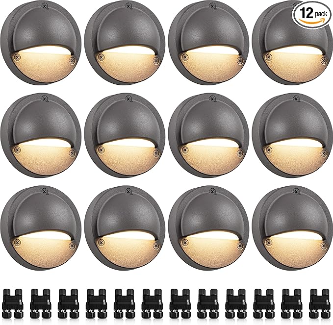 SUNVIE 12 Pack Low Voltage Deck Lights 5W LED Landscape Step Stair Lights Outdoor with Fastlock2 Wire Connector 3000K 12-24V Accent Lighting for Garden Post Fence 3.2FT ETL Listed Cord
