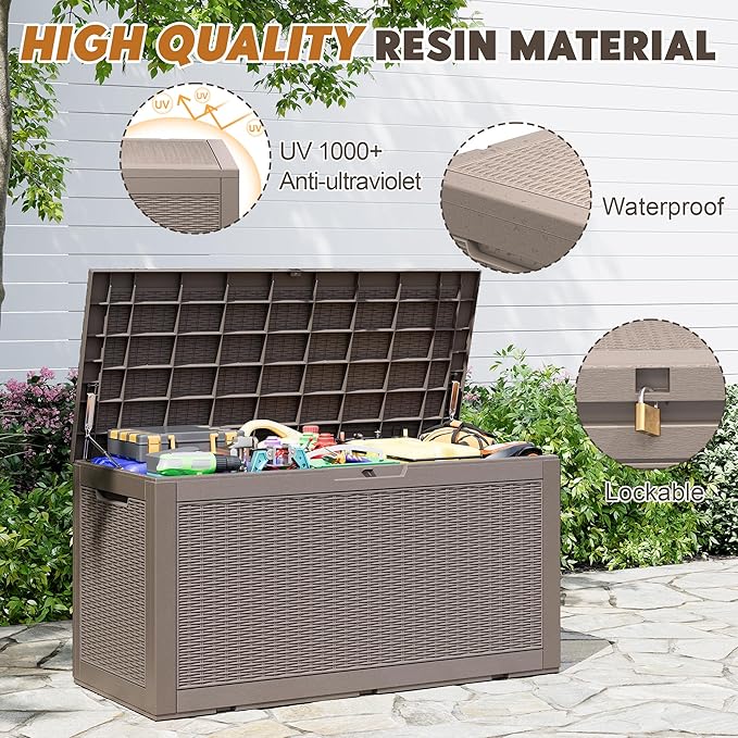 Outdoor Storage Box, Resin Deck Boxes Indoor and outdoor, Waterproof Storage Box Lockable Lid (Grey, 110 Gallon)