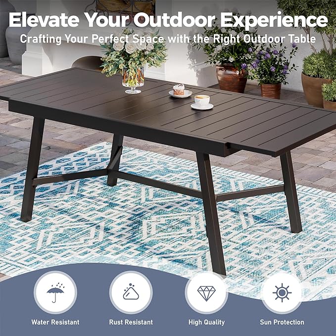 9 Piece Patio Dining Set for 8, Rectangular Extendable Dining Table, 8 Metal Blue Chairs, Outdoor Table and Chairs Set for Lawn Backyard and Deck