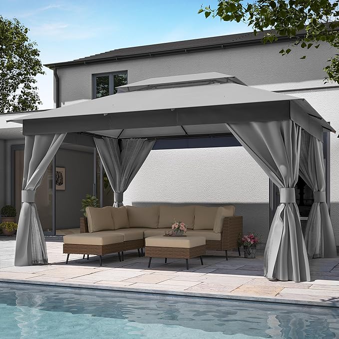 LAUSAINT HOME Semi-Permanent Outdoor Patio Gazebo 10'x13', Heavy Duty Party Tent Shelter with Double Roofs, Mosquito Nettings and Privacy Screens for Backyard, Garden, Lawn, Gray