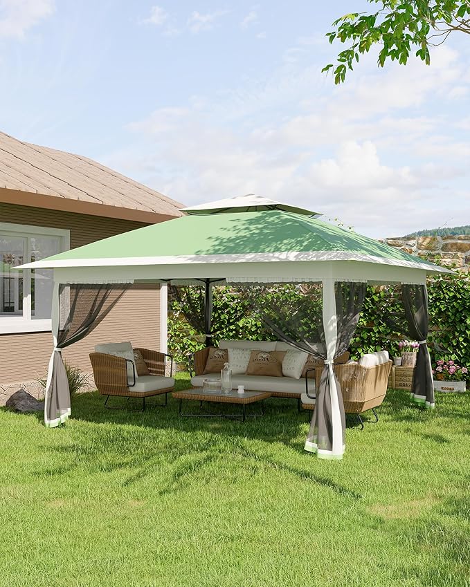 Canopy Tent 12x12 ft, Pop Up Gazebo One-Push Setup with 4 SandBags for Backyard Parties and BBQs, Mosquito Netting & Height Adjustable - Olive Green