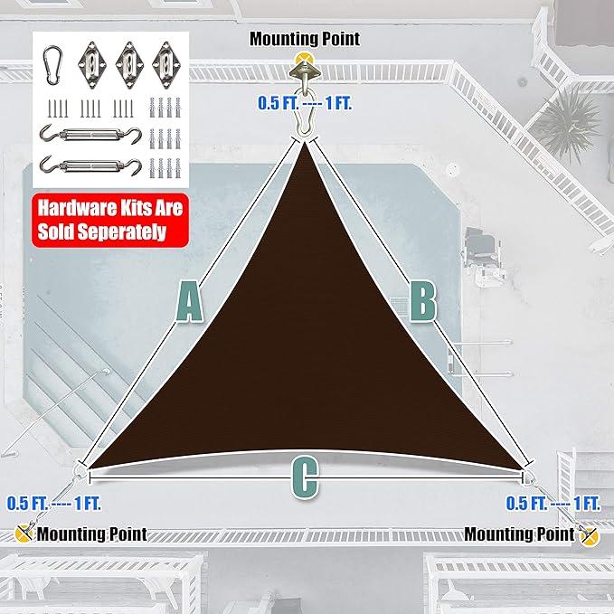 Amgo 12' x 12' x 12' Brown Triangle Sun Shade Sail UPF50+ Canopy Awning AGSLT, 95% UV Blockage, Water & Air Permeable, 200GSM Heavy Duty Commercial and Residential (We Make Custom Sizes)