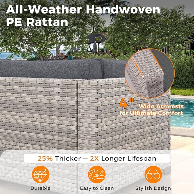 6-Piece Outdoor Patio Furniture Set, All-Weather Wicker Sectional Sofa with Deep Seating 4” Cushions, Heavy-Duty Steel Frame, Modular Rattan Couch for Backyard, Deck & Garden, Black
