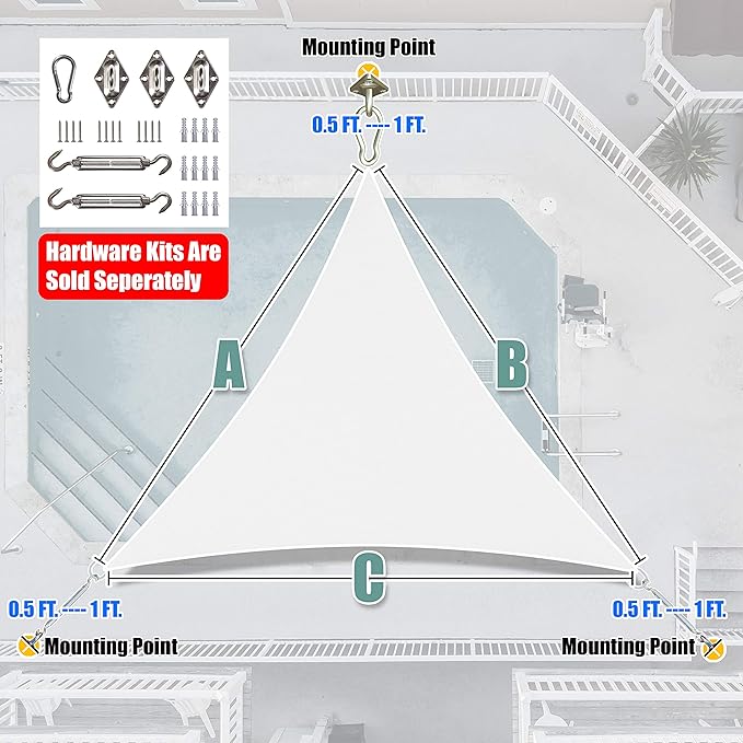 Amgo Custom Size 9' x 9' x 9' White Triangle Sun Shade Sail UPF50+ AGTAPRT12, Order to Make Canopy Awning, 95% UV Blockage, Water & Air Permeable, Commercial Standard (We Customize)