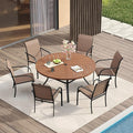 VICLLAX Patio Table and Chair Set of 6, All Weather Metal Round Outdoor Dining Furniture Set-47 Round Outdoor Table and Chairs, Walnut Wood Grain Tabletop