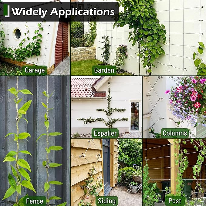 Wire Trellis for Climbing Plants Outdoor, 30-Set Wall Wire Trellis Kit with 1/8in x 150ft Stainless Steel Cable, T316 Espalier System for Fence and Garden DIY Projects