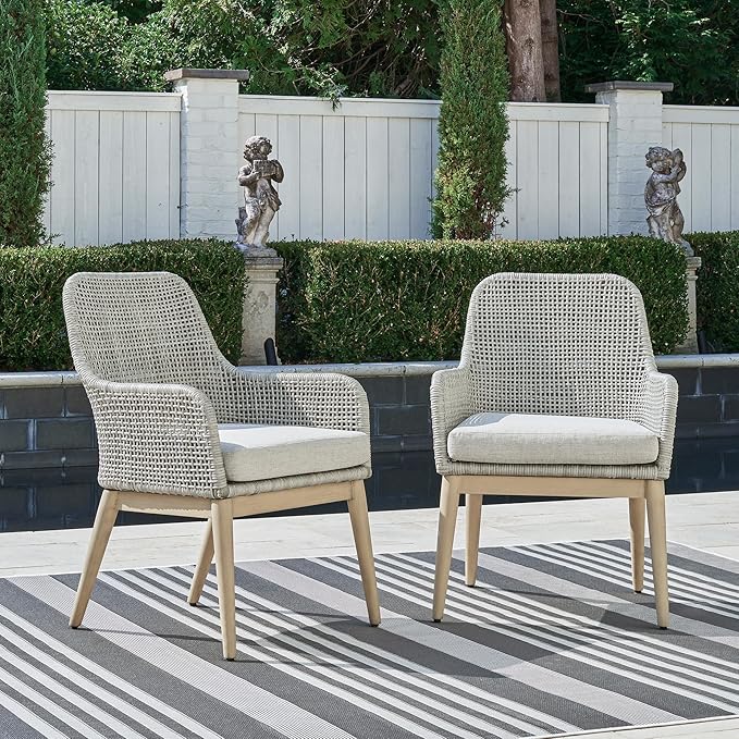 Signature Design by Ashley Seton Creek Cottage Nuvella Weather Resistant Fabric Outdoor Dining Arm Chair with Cushion, Set of 2, Light Brown & Light Gray