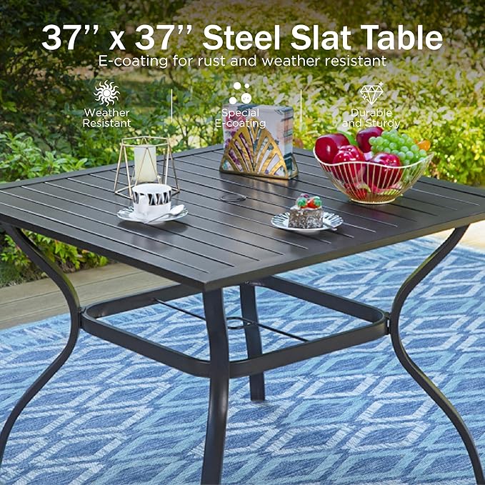 PHI VILLA 5 Pieces Outdoor Dining Set for 4, 37" Square Black Metal Table & Wrought Iron Swivel Chairs, All Weather Large Outside Furniture with Cushions & Pillows for Patio, Deck, Porch