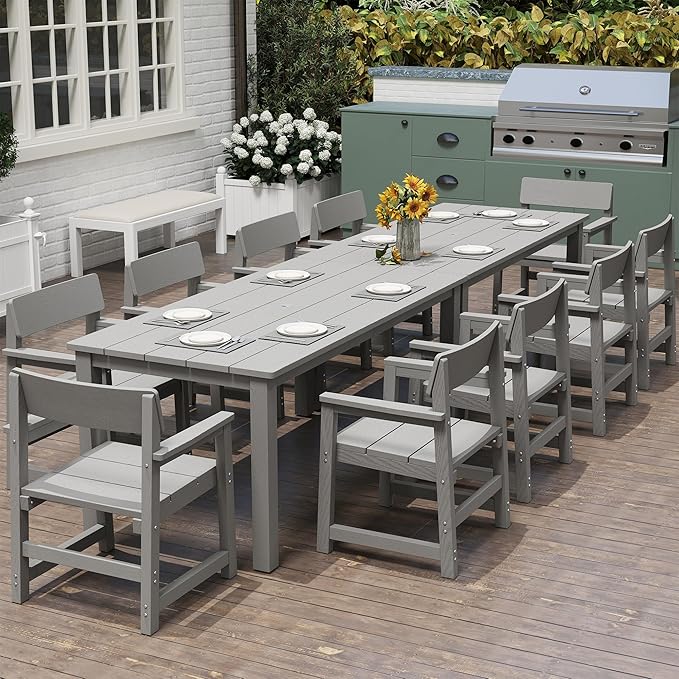 12-Piece HIPS Patio Dining Set for 10 Person Outdoor Dining Sets with Umbrella Hole Tables and Chairs Furniture Set All Weather Proof for Garden, Backyard, Poolside