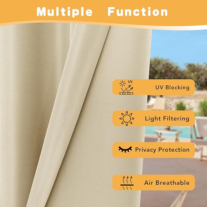 HolidayIdeas Outdoor Curtains for Patio Waterproof, 2 Panels - 54 x 84 Inch - Privacy Protection & Light Filtering Curtains Grommet Outside Curtains for Porch, Gazebo, Pergola, Backyard (Cream)