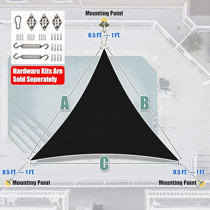 Amgo Custom Size 25' x 25' x 25' Black Triangle Sun Shade Sail UPF50+ AGTAPRT12, Order to Make Canopy Awning, 95% UV Blockage, Water & Air Permeable, Commercial Standard (We Customize)