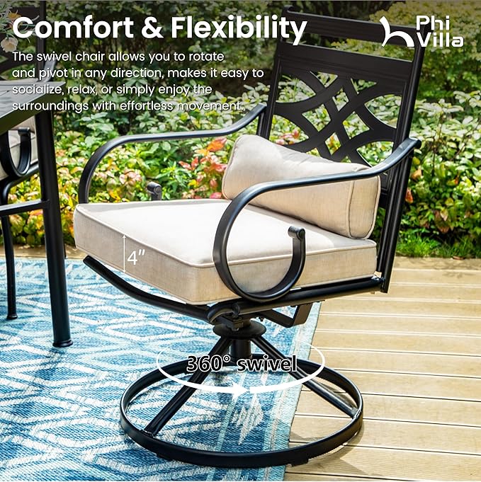 PHI VILLA 5 Pieces Outdoor Dining Set for 4, 37" Square Wood-top Metal Table & Wrought Iron Swivel Chairs, All Weather Large Outside Furniture with Cushions & Pillows for Patio, Deck, Porch