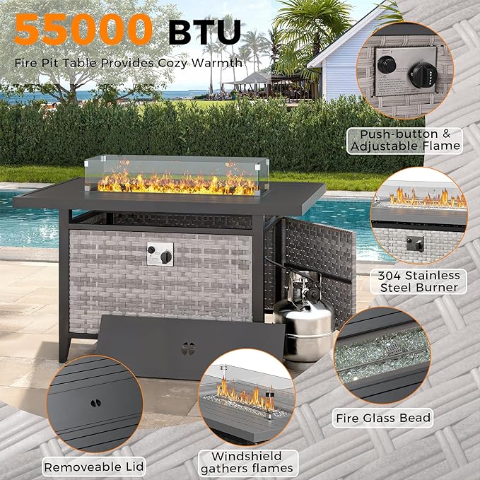 8-Seat Outdoor Wicker Patio Furniture Set with Fire Pit Table, Modular Rattan Sectional Sofa & 2 Swivel Rocking Chairs, 4" Thick Cushions, Rust-Resistant Frame,Blue