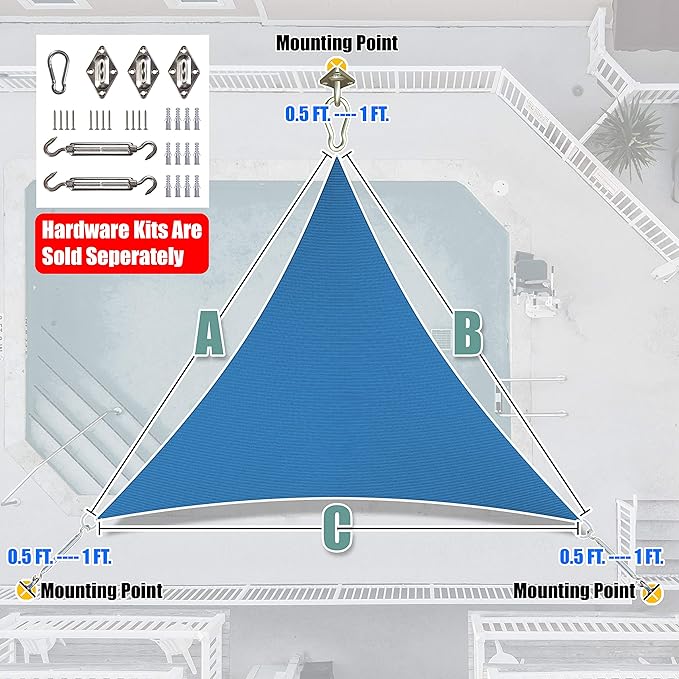 Amgo Custom Size 13' x 13' x 13' Blue Triangle Sun Shade Sail Order to Make Canopy Awning UPF50+ AGSLT, 95% UV Blockage, Water & Air Permeable, 200GSM Commercial Standard (We Customize)