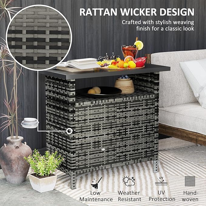 Outsunny Wicker Outdoor Storage Cabinet, Rattan Outdoor Bar Table with 2 Doors and Shelf, Outdoor Buffet Cabinet Sideboard with Metal Slatted Countertop for Poolside, Patio, Backyard, Mixed Gray