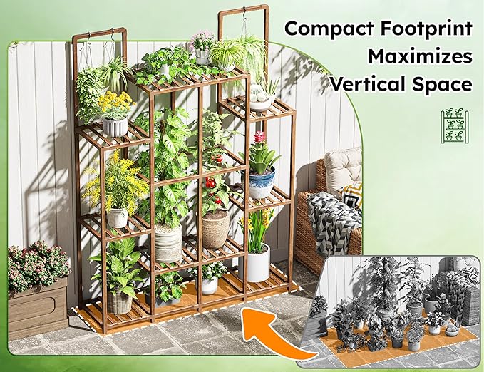 EnHomee Plant Stand Indoor Wood Plant Stand Outdoor Plant Shelf with 14-18 Potted Double Rod Large Plants Holder 440LBS Plants Shelves for Living Room Patio Balcony Yard Garden 44.8''W×11.6''D×47''H