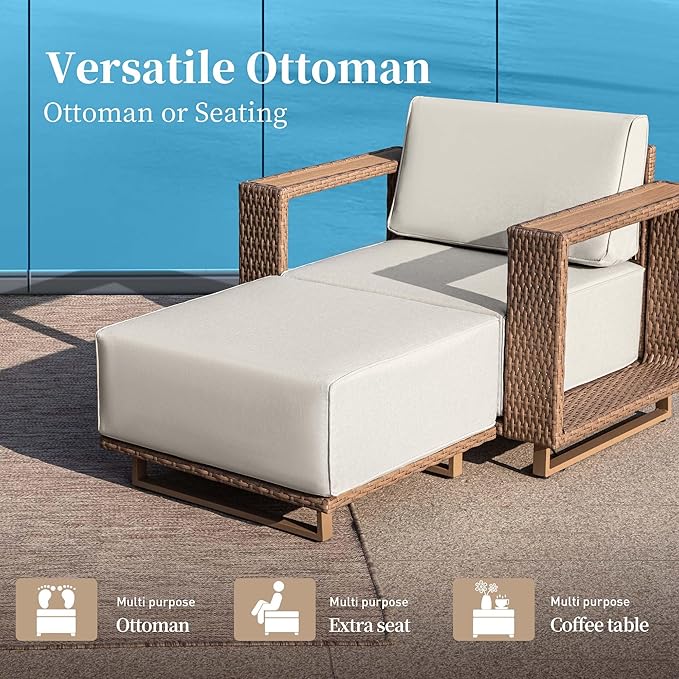 2 Pieces Patio Furniture Set,Outdoor Rattan Wicker Armchirs and Ottomans with 10''Ultra-Thick Cushions,All Weather Patio Conversation Set for Lawn Garden Backyard,Beige