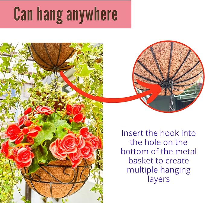LaLaGreen Hanging Planter for Outdoor Plants (14 Inch, 6 Pack) Hanging Baskets with Coco Liner, Black Metal Wire Flower Basket Pots with Hook Hanger Balcony Porch Farmhouse Country Style Garden Decor